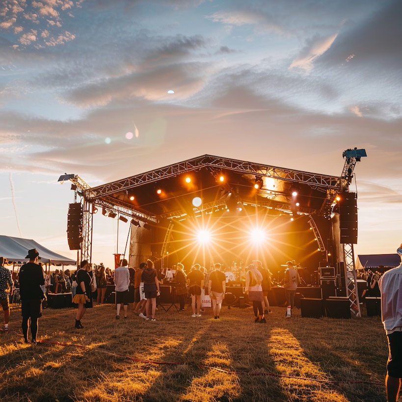 A small festival stage at dusk with a crowd starting to gather to see the DJ.