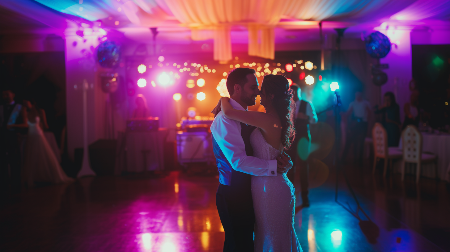 A couple dancing on their wedding night with the DJ playing in the background